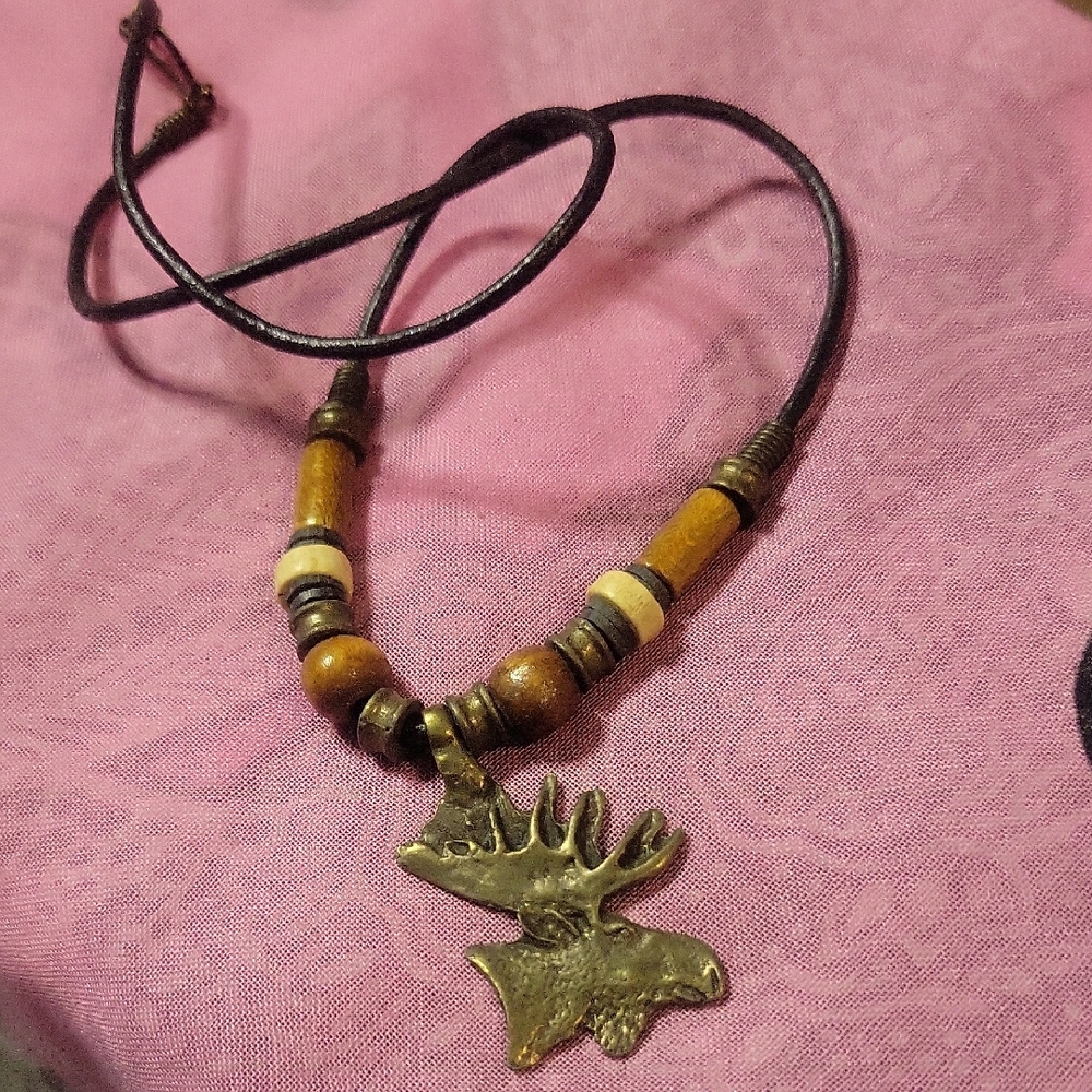 Antique Brass Moose Pendant Necklace